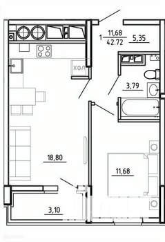 1-к квартира, вторичка, 43м2, 3/26 этаж