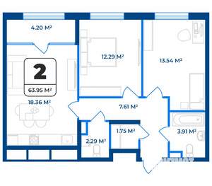 2-к квартира, строящийся дом, 64м2, 2/9 этаж