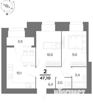 2-к квартира, вторичка, 47м2, 1/16 этаж