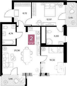 2-к квартира, вторичка, 68м2, 5/9 этаж