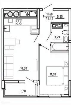 1-к квартира, вторичка, 43м2, 24/26 этаж