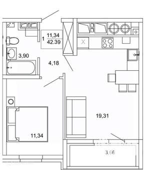 1-к квартира, вторичка, 42м2, 7/26 этаж