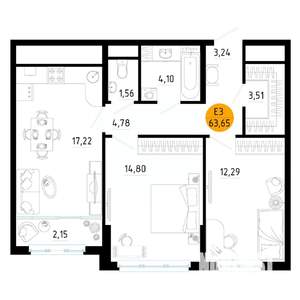 2-к квартира, вторичка, 64м2, 22/25 этаж