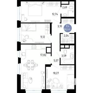3-к квартира, вторичка, 66м2, 2/14 этаж