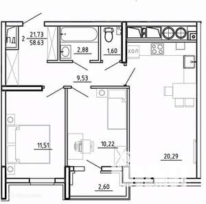 2-к квартира, вторичка, 59м2, 2/26 этаж