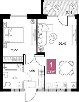 1-к квартира, вторичка, 42м2, 6/9 этаж