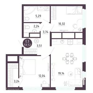 2-к квартира, вторичка, 60м2, 13/19 этаж