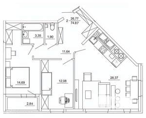 2-к квартира, вторичка, 75м2, 6/26 этаж