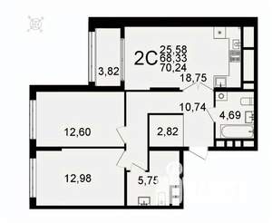 2-к квартира, вторичка, 70м2, 21/26 этаж