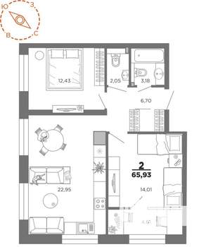2-к квартира, вторичка, 66м2, 16/22 этаж