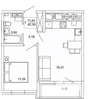 1-к квартира, вторичка, 42м2, 18/26 этаж