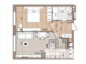 1-к квартира, вторичка, 43м2, 5/17 этаж