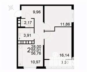 2-к квартира, вторичка, 57м2, 16/22 этаж