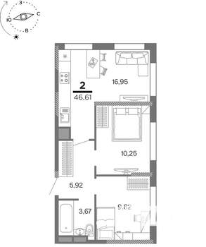 2-к квартира, вторичка, 47м2, 8/25 этаж