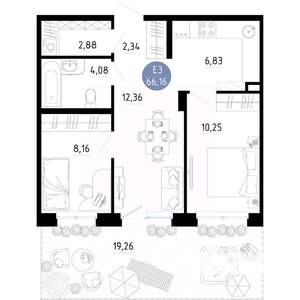 2-к квартира, вторичка, 66м2, 1/14 этаж