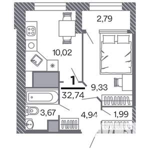 1-к квартира, строящийся дом, 33м2, 18/25 этаж