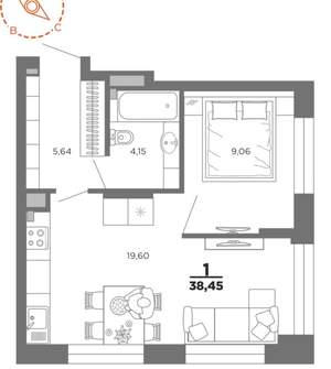 1-к квартира, вторичка, 38м2, 2/22 этаж