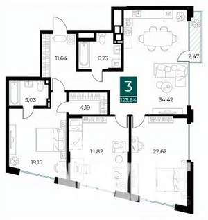 3-к квартира, вторичка, 124м2, 4/8 этаж