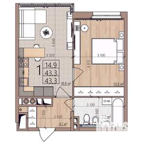 1-к квартира, строящийся дом, 43м2, 3/8 этаж