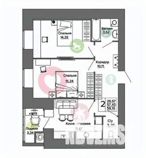 2-к квартира, вторичка, 59м2, 11/16 этаж