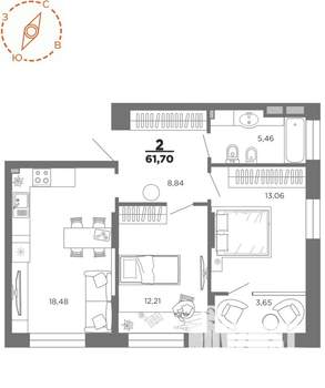 2-к квартира, вторичка, 62м2, 20/22 этаж
