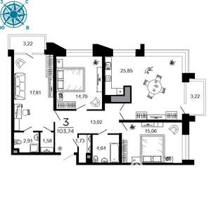 3-к квартира, вторичка, 104м2, 9/19 этаж
