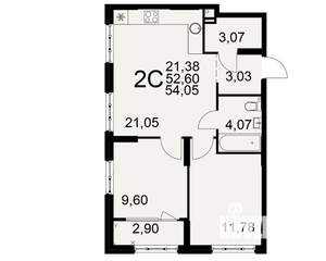 2-к квартира, вторичка, 53м2, 1/22 этаж