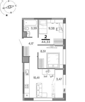 2-к квартира, вторичка, 44м2, 3/25 этаж