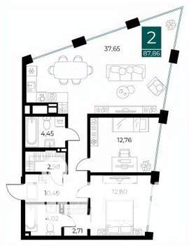 2-к квартира, вторичка, 88м2, 7/13 этаж