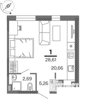 1-к квартира, вторичка, 29м2, 9/25 этаж
