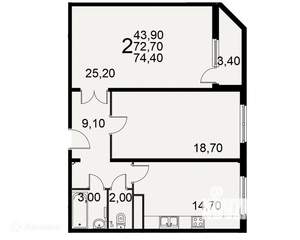 2-к квартира, вторичка, 74м2, 15/18 этаж