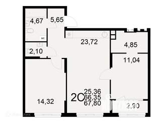 2-к квартира, вторичка, 68м2, 2/22 этаж