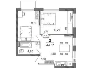 2-к квартира, вторичка, 45м2, 4/25 этаж