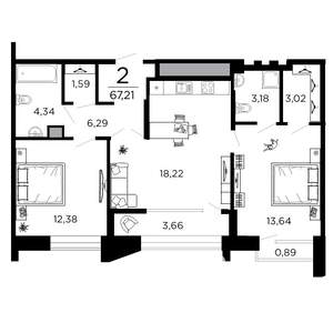 2-к квартира, вторичка, 67м2, 14/19 этаж