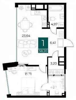 1-к квартира, вторичка, 58м2, 7/13 этаж