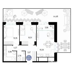 2-к квартира, вторичка, 101м2, 1/25 этаж