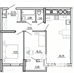 2-к квартира, вторичка, 59м2, 25/26 этаж