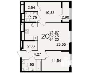 2-к квартира, вторичка, 63м2, 2/21 этаж