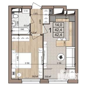 1-к квартира, вторичка, 42м2, 12/25 этаж