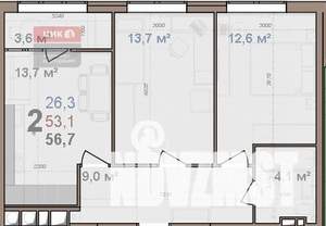 2-к квартира, вторичка, 57м2, 6/16 этаж