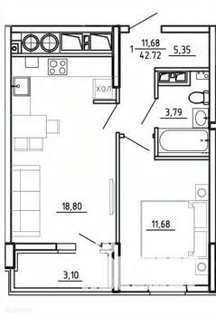 1-к квартира, вторичка, 43м2, 25/26 этаж
