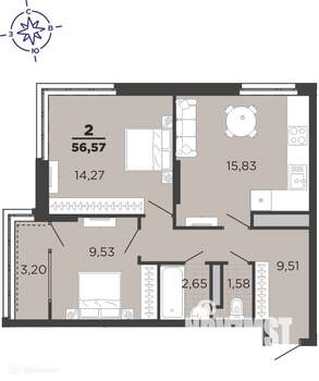 2-к квартира, вторичка, 57м2, 6/23 этаж