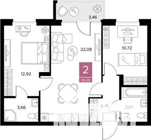 2-к квартира, вторичка, 59м2, 7/9 этаж