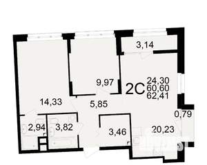 2-к квартира, вторичка, 61м2, 9/25 этаж