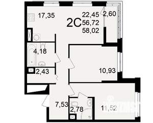 2-к квартира, вторичка, 57м2, 2/25 этаж