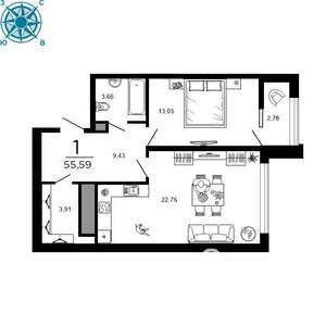 1-к квартира, вторичка, 56м2, 2/19 этаж
