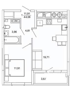 1-к квартира, вторичка, 44м2, 9/26 этаж