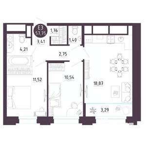 2-к квартира, вторичка, 58м2, 8/18 этаж