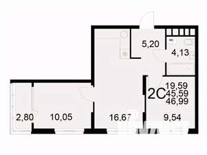 2-к квартира, вторичка, 47м2, 10/22 этаж