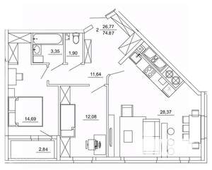2-к квартира, вторичка, 75м2, 19/26 этаж